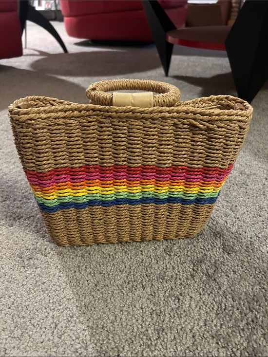 Handbags - Woven Straw Rainbow Stripe Tote Bag - Natural